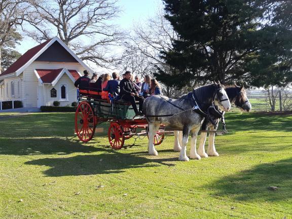 A pair of clydesdale horses pull a wagon full of people